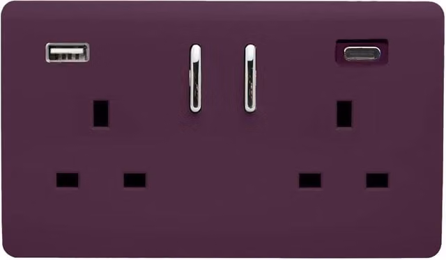 Trendi 2 Gang 13 Amp USB Switched Plug Socket with Type A and C Ports in Plum Purple