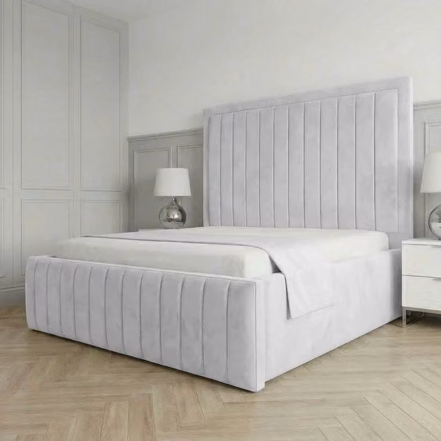 Living Comfort Bedz Sovereign Plush Velvet Upholstered Bed with Slatted Base and 48 Inch Headboard in White, Super King Size
