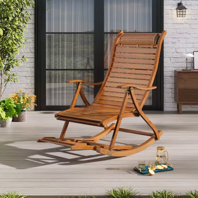 Breeins Bamboo Rattan Rocking Chair with Adjustable Backrest and Armrests, Brown