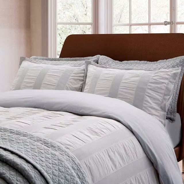 Bedeck of Belfast Woven Waffle Stripe Kingsize Cotton Duvet Cover and Pillowcase Set, Silver, W/D/H: 180 x 200 cm