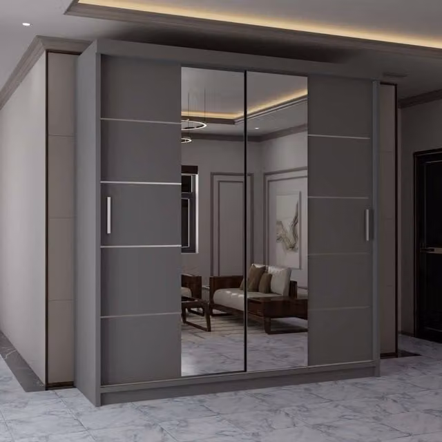 MN Furniture Modern Grey Sliding Mirror Wardrobe Doors with Integrated LED Lighting W/H: 203 x 217 cm