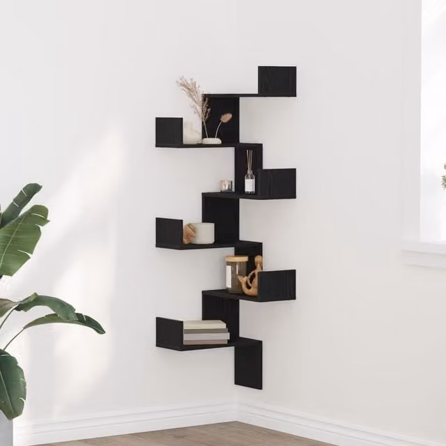 Berkfield Home Black Oak Wall Mounted Corner Shelf, W/D/H: 45 x 45 x 147 cm