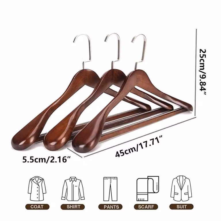 PAWNORA 10 Pack Brown Wooden Non-Slip Suit Hangers with Bar and Swivel Hook