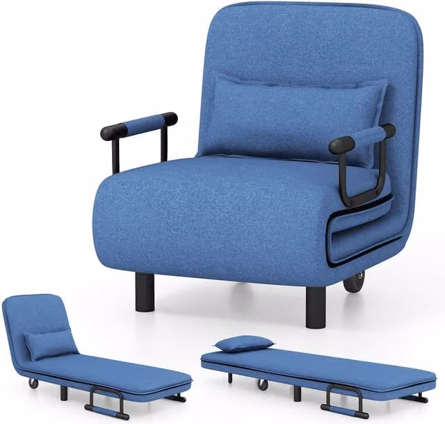 Costway Modern Fabric Single Folding Sofa Bed Chair in Blue