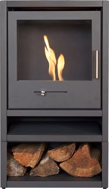 OKO S1 Bio Ethanol Stove with Log Storage in Charcoal Grey and Black
