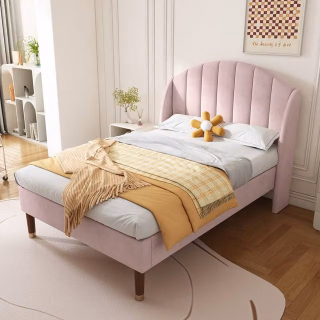 Matteo Pink Velvet Upholstered Single Bed with Slatted Frame and Headboard, W/D/H: 90 x 190 x 108 cm