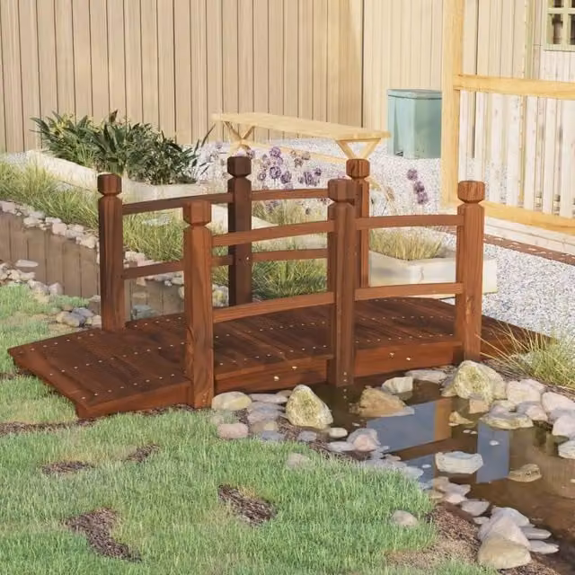 Berkfield Home Garden Bridge with Railings in Brown Solid Spruce Wood W/D/H: 150 x 67 x 56 cm