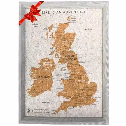 Splosh Travel Map UK and Ireland Pin Board with Grey Cork and Wooden Frame, including 100 Pins