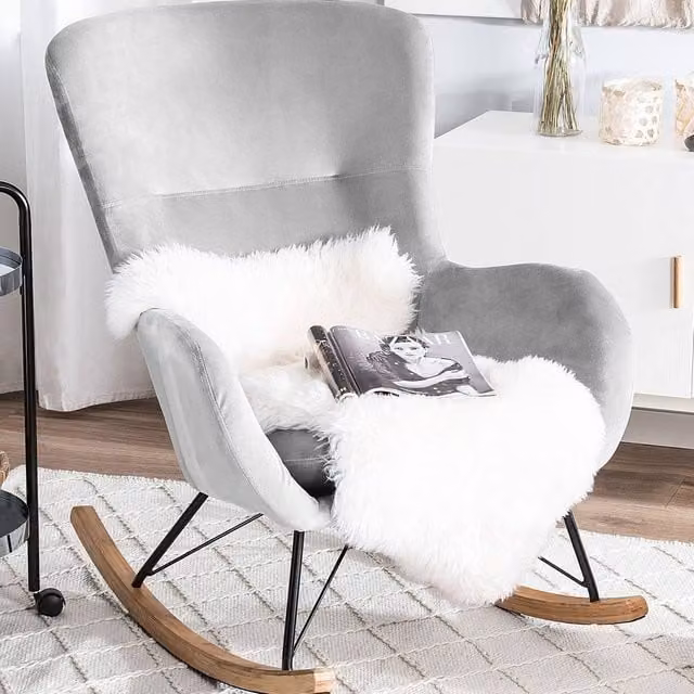 Wyld and Coco Glam Rocking Chair in Light Grey Velvet with Solid Rubberwood Frame