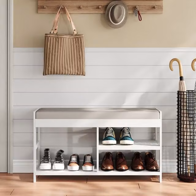 Komore White 2-Tier Shoe Storage Bench with Fabric Seat