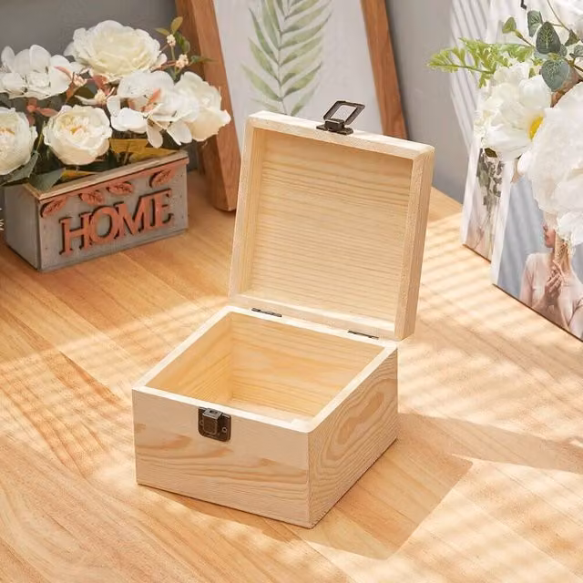 EONLION Natural Wooden Storage Box with Lid, W/D/H: 22.5 x 22.5 x 10 cm