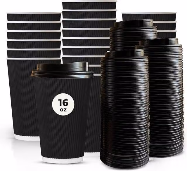 ECONX 200 Pack Disposable Kraft Ripple Paper Coffee Cups with Lids, Black, 16oz