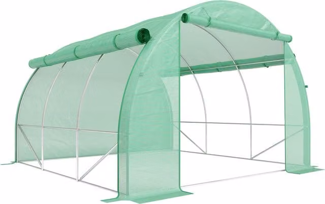 Outsunny Walk-in Polytunnel Greenhouse in Green with Roll-up Sidewalls, Zipped Door and 6 Ventilation Windows, W: 300 cm, D: 300 cm, H: 200 cm