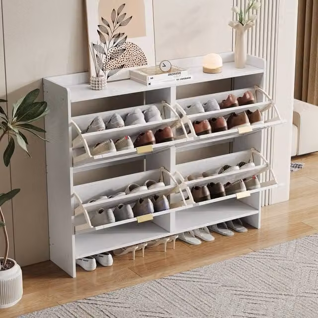Matteo Modern White Shoe Cabinet with 4 Tilting Compartments and Open Shelves