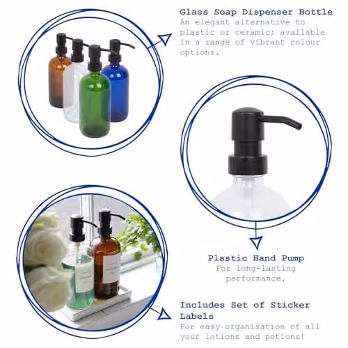 Harbour Housewares Pack of 8 Amber Glass Soap Dispensers with Black Labels and Pumps, 500ml per Bottle