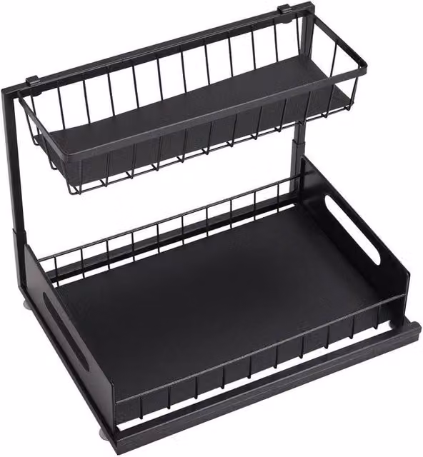 KORVIXA 2 Tier Metal Kitchen and Bathroom Storage Shelf in Black, W/D/H: 100 x 100 x 26.5 cm
