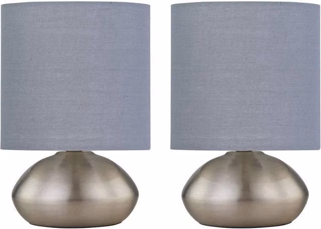 First Choice Lighting Jenson Set of 2 Brushed Chrome Touch Table Lamps with Grey Fabric Shades