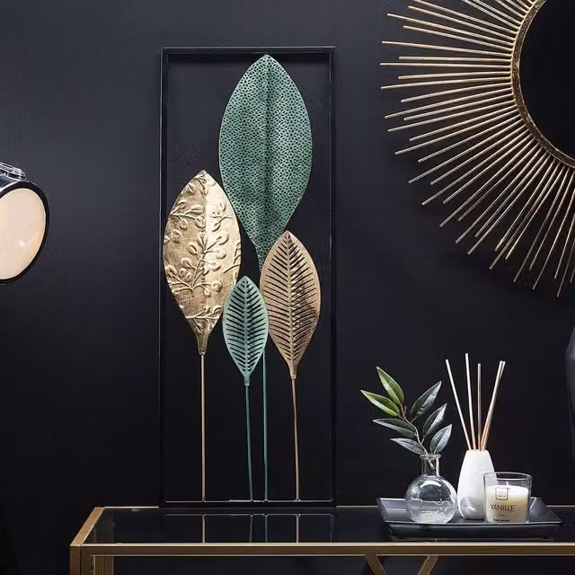 Wyld and Coco Turquoise and Gold Four Leaf Openwork Metal Floral Wall Art
