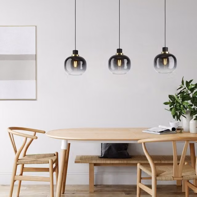 Eglo Oilella Linear Pendant Light in Black, Grey and Brass with Glass Spheres