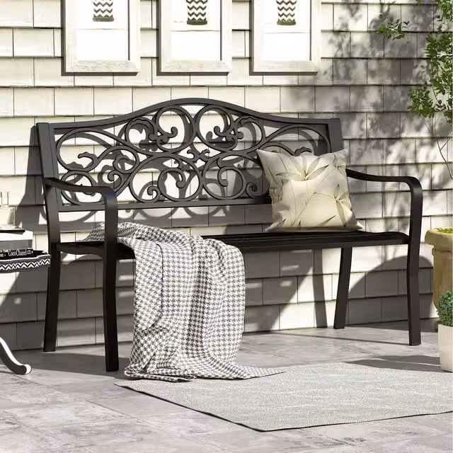 Costway Black Metal Garden Bench with Armrests, W: 127 cm