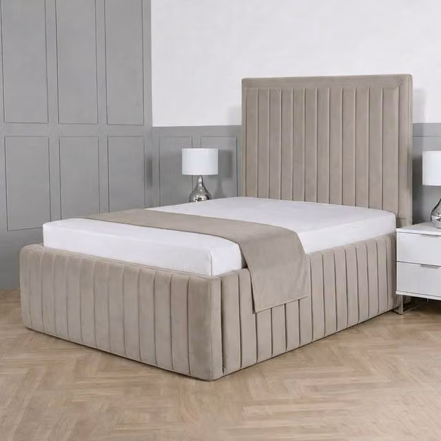 Living Comfort Bedz Saint Germain Plush Upholstered Double Bed with 48 Inch Headboard and Slatted Base in Light Grey