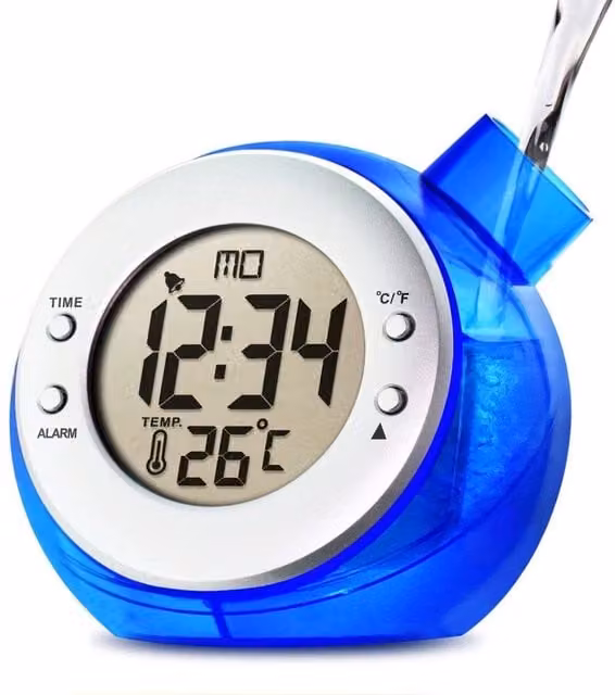 Smart Living Blue Kettle Shaped Water Powered Multi Function Digital Tabletop Desk Clock