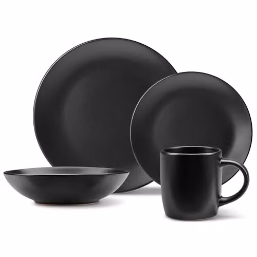 VonShef 16 Piece Matte Black Stoneware Dinner Set for 4, including Dinner Plates (Diameter: 28 cm), Side Dishes (Diameter: 21 cm), Bowls (Diameter: 16 cm) and Mugs, Dishwasher and Microwave Safe