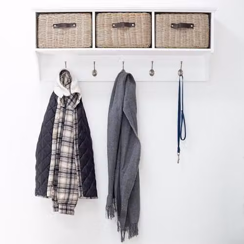 Statement Furniture Tetbury Wall Mounted Coat Rack with Hanging Shelf and Washable Storage Baskets in White and Brown