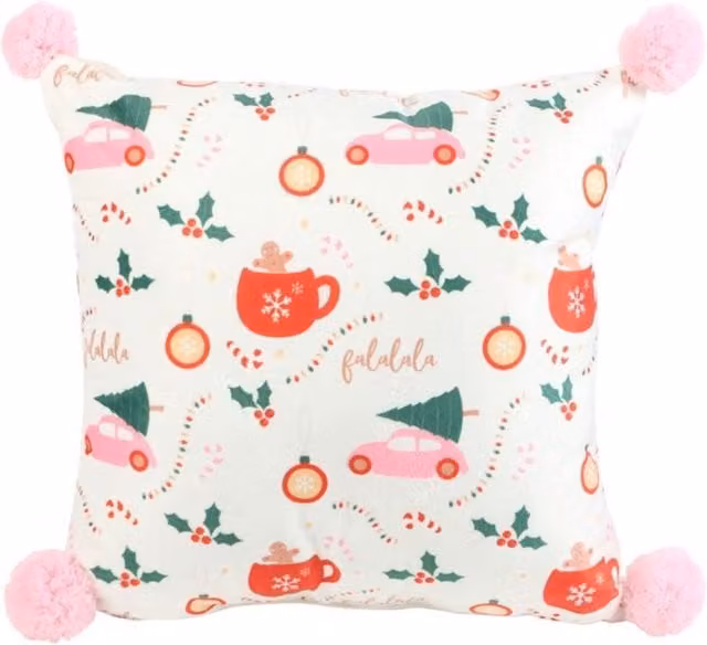 KDMK Square Sugarplum Christmas Cushion with Pom Poms in White and Pink