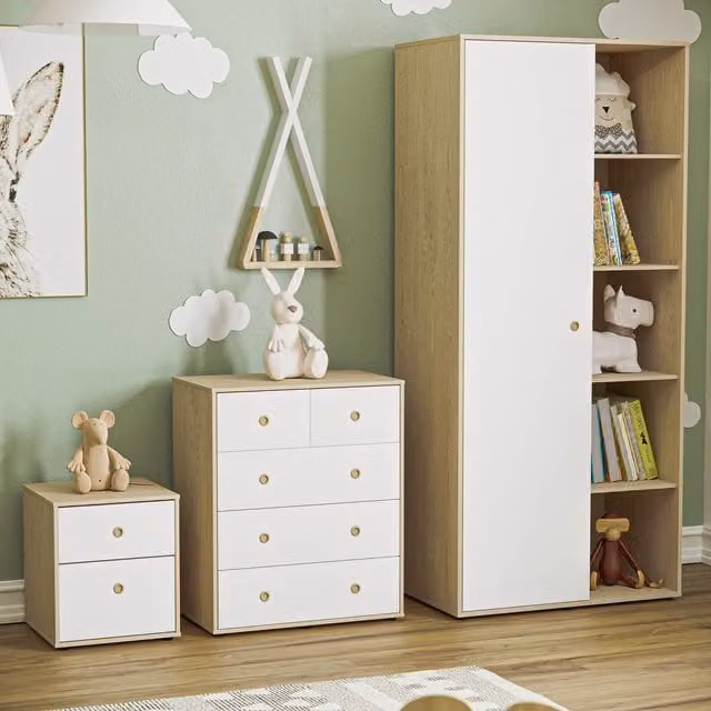 Junior Vida 3 Piece Childrens Bedroom Furniture Set in White and Oak
