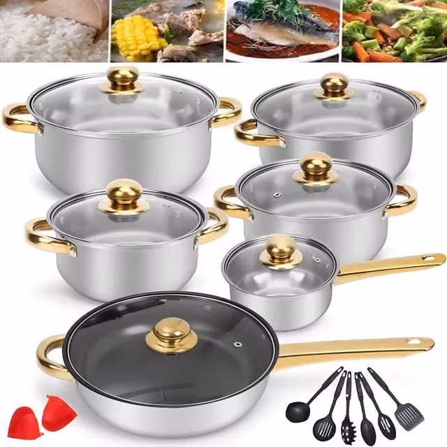 SPETLEK 20-Piece Non-Stick Stainless Steel Cookware Set with Silicone Details in Metallic Silver and Black