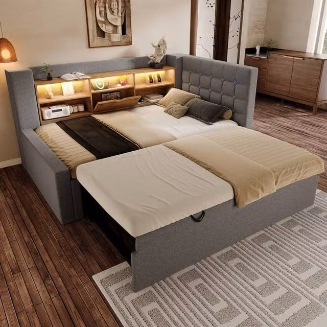 Merax Upholstered Single Daybed in Grey with USB Charging Port, Under-Bed Lighting and Side Compartments, W/D/H: 90 x 190 cm