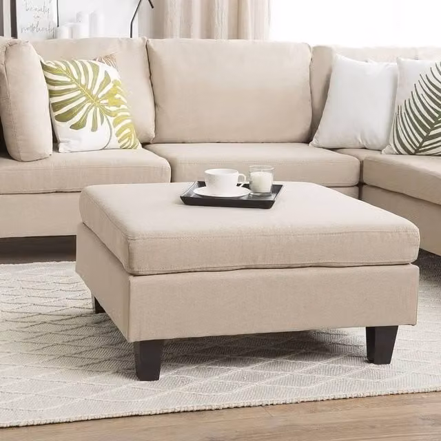 Wyld and Coco Beige Square Cube Ottoman Footstool with Polyester Upholstery and Oak Wood Frame