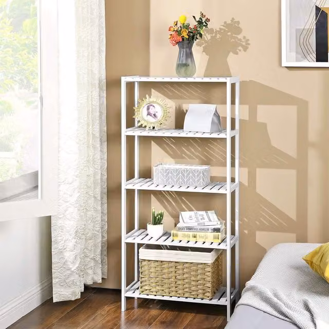 SONGMICS 5 Tier Bamboo Storage Shelf with Adjustable Shelves in White