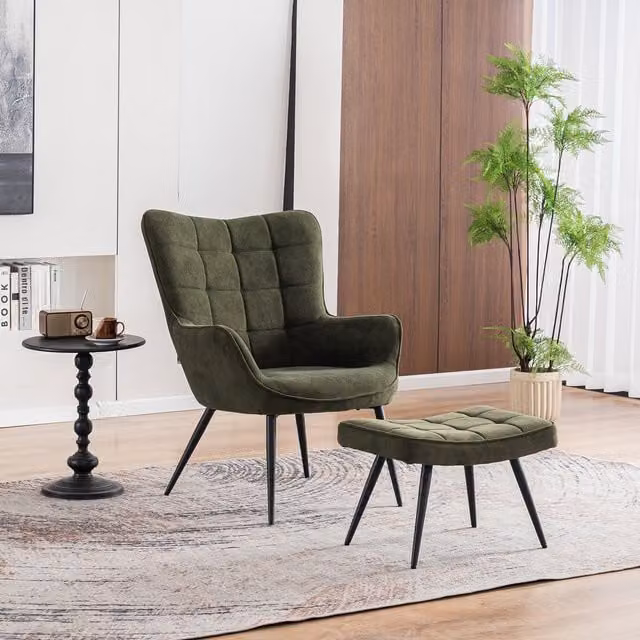 More4Homes Vera Green Velvet Modern Accent Chair with Ottoman and Metal Legs