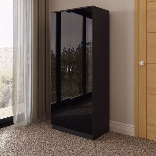 FWStyle Gloss Black 2 Door Double Wardrobe with Internal Shelves and Hanging Rod, W: 80 cm, D: 50 cm, H: 180 cm