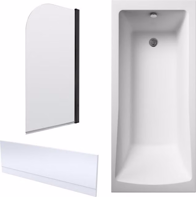 Balterley Square Single Ended Rectangular Bath with Apron and Black Round Corner Screen, White, W/D/H: 170 x 70 x 40 cm