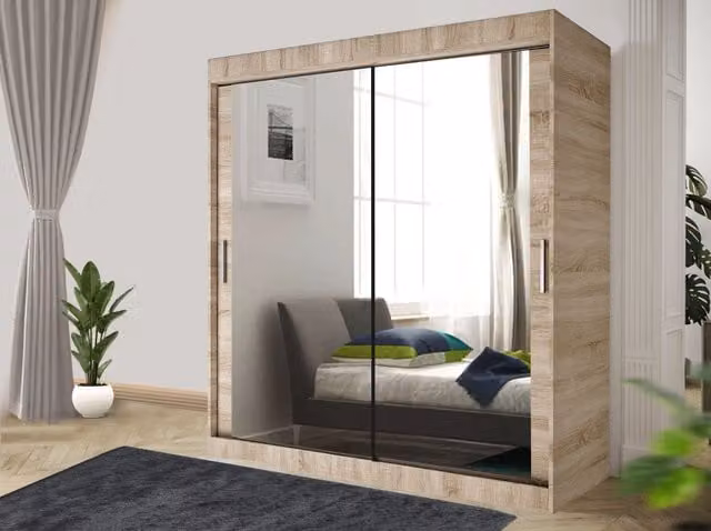 RAC3 Modern Sliding Mirror Wardrobe with Integrated Drawers in Light Oak, W: 120 cm
