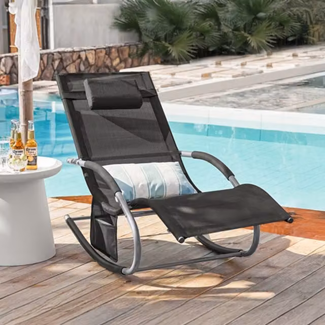 SoBuy Black Rocking Sun Lounger with Adjustable Headrest, Armrests and Side Pocket