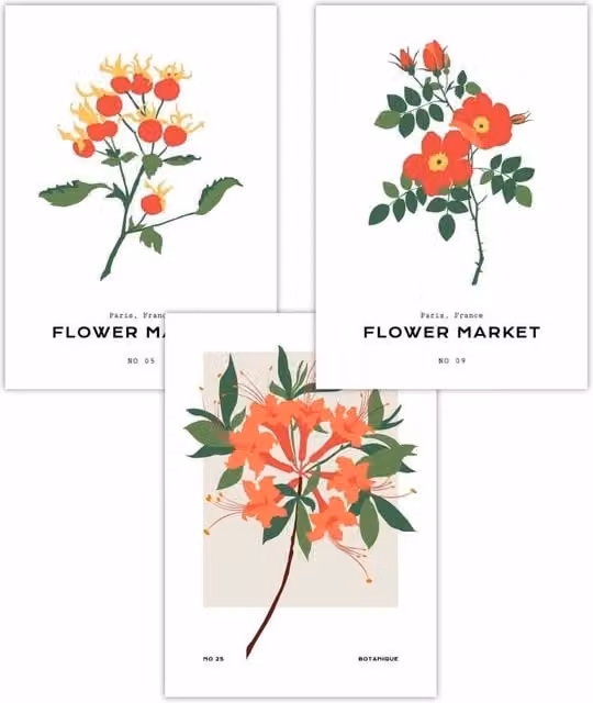 ARTZE Set of 3 Boho Floral Botanical Graphic Paper Posters in Orange and Green, W: 42 cm, H: 59 cm