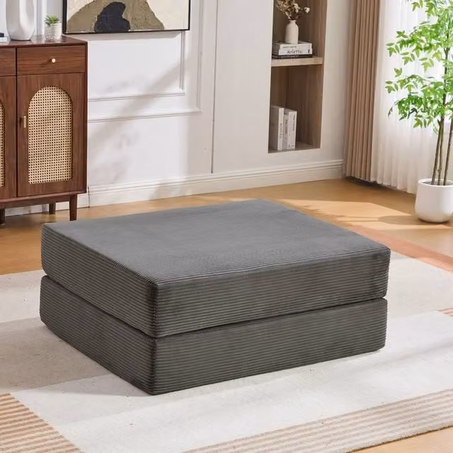 Rolipo Dark Grey Corduroy Fold Out Single Chair Bed with Ottoman