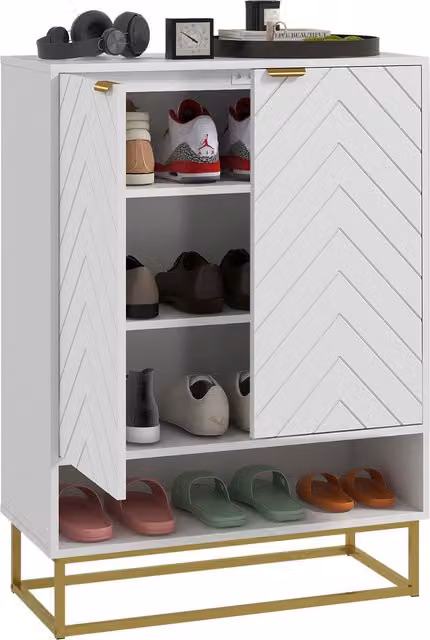HOMCOM Modern White and Gold Shoe Storage Cabinet with Open Shelf and Hinged Doors for 12 Pairs of Shoes