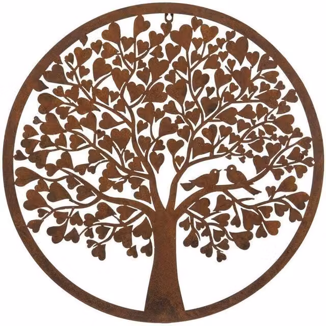 F&G Supplies Rustic Metal Garden Wall Art Plaque with Heart Leaf Tree and Love Birds, Brown, Diameter: 60 cm