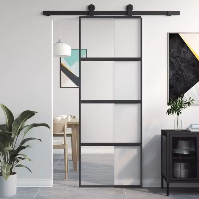 Berkfield Home Modern Black Sliding Door with Transparent Tempered Glass and Aluminium, W: 76 cm, H: 205 cm