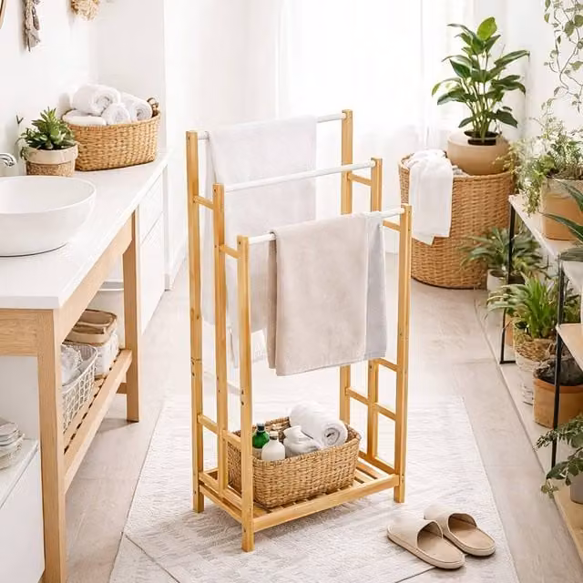 VOGREX Freestanding Extra Long Towel Drying Stand and Holder Rack in Brown Bamboo and Stainless Steel