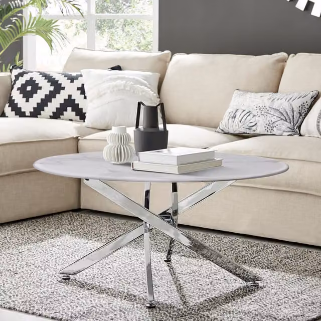 FurnitureboxUK Novara Round Coffee Table with White Marble Effect Glass Top and Silver Metal X-Frame Legs