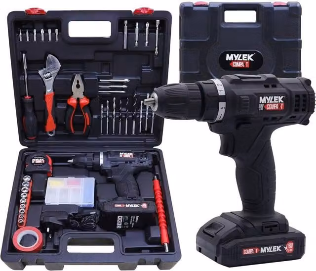 MYLEK 18V Cordless Li-ion Drill with 90 Piece Tool Kit and Case, Black