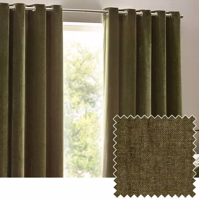 Make It A Home Heavy Chenille Velvet Room Darkening Eyelet Curtains, Green, Width: 229 cm, Height: 168 cm