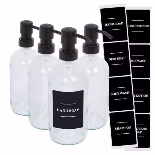 Harbour Housewares Pack of 4 Refillable Glass Soap Dispensers with Pumps and Black Labels, 500ml, Transparent