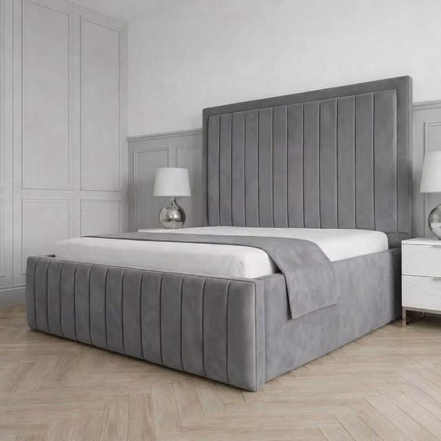 Living Comfort Bedz Sovereign Plush Velvet Upholstered Bed with Slatted Base and 48 Inch Headboard in Grey, Double Size